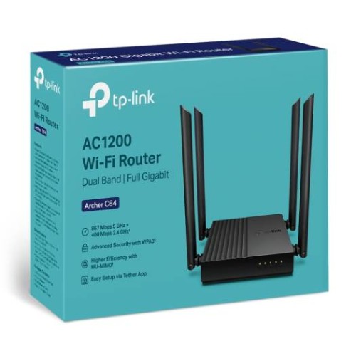 TP-Link Archer C64 Ac1200 Dual-Band 5Ghz 867 Mbps 2.4Ghz 400 Wireless Mu-Mimo Wifi Router